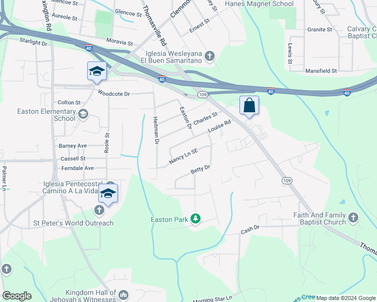 map of restaurants, bars, coffee shops, grocery stores, and more near 1023 Nancy Lane Southeast in Winston-Salem