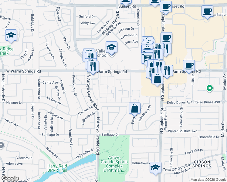map of restaurants, bars, coffee shops, grocery stores, and more near 1575 West Warm Springs Road in Henderson