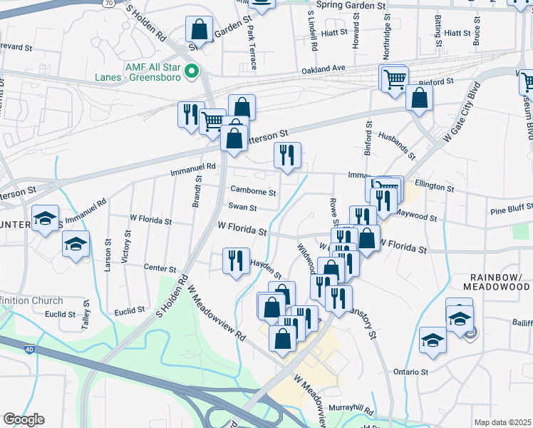 map of restaurants, bars, coffee shops, grocery stores, and more near 1407 Swan Street in Greensboro