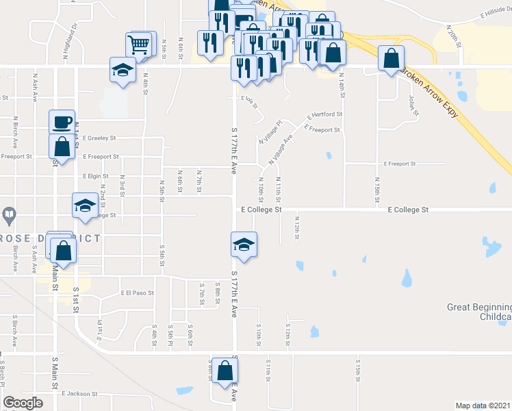 map of restaurants, bars, coffee shops, grocery stores, and more near 200 N 10th St in Broken Arrow