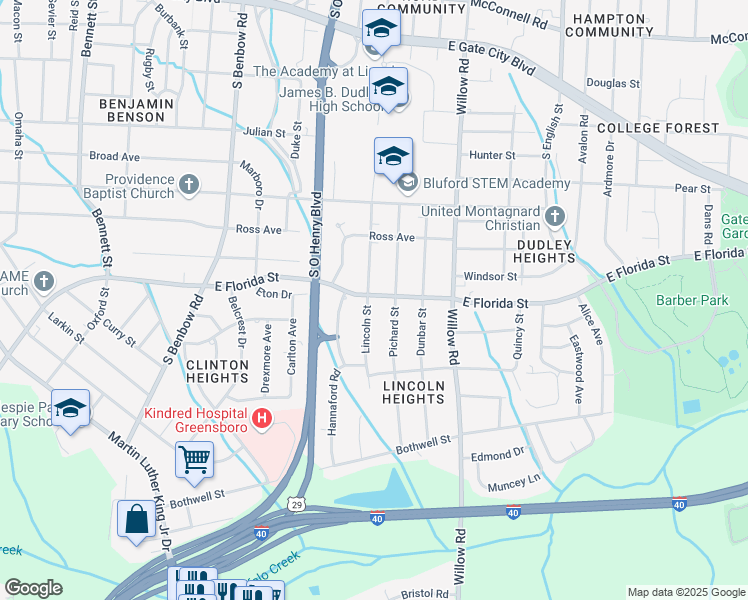 map of restaurants, bars, coffee shops, grocery stores, and more near 1601 Lincoln Street in Greensboro