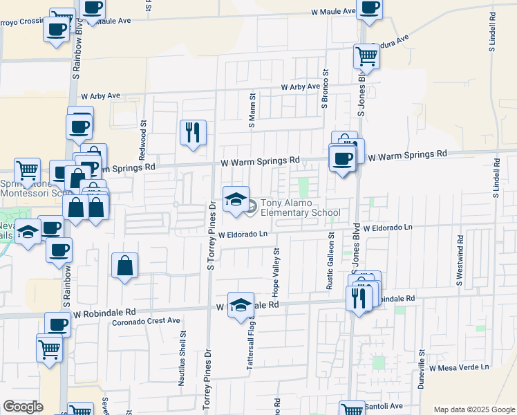 map of restaurants, bars, coffee shops, grocery stores, and more near 7455 El Camino Road in Las Vegas