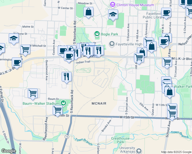 map of restaurants, bars, coffee shops, grocery stores, and more near 883 South Stadium Drive in Fayetteville