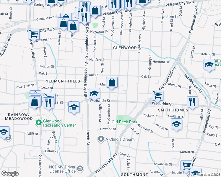 map of restaurants, bars, coffee shops, grocery stores, and more near 1305 McCormick Street in Greensboro