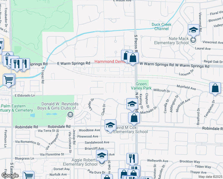 map of restaurants, bars, coffee shops, grocery stores, and more near 7469 Thornsby Court in Las Vegas