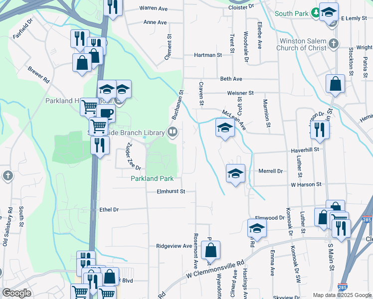 map of restaurants, bars, coffee shops, grocery stores, and more near 3185 Fleet Street in Winston-Salem
