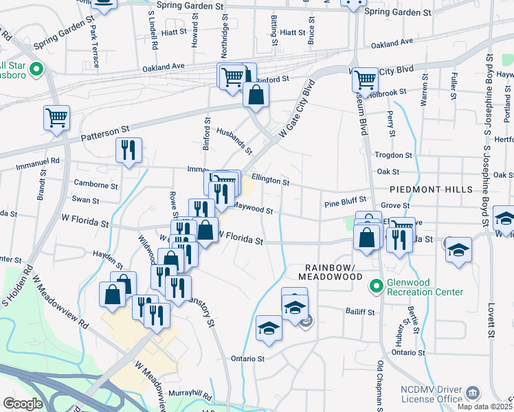 map of restaurants, bars, coffee shops, grocery stores, and more near 1516 Rainbow Drive in Greensboro