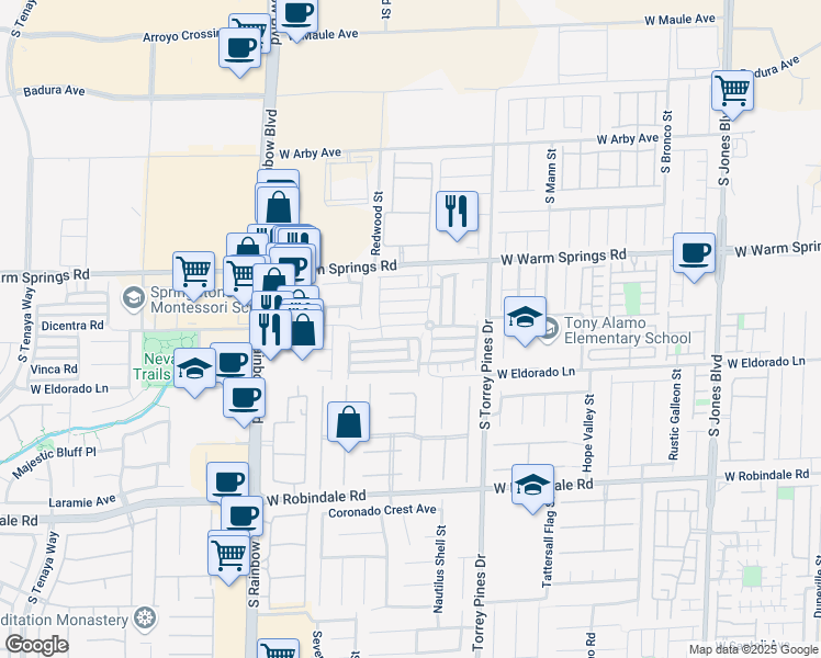 map of restaurants, bars, coffee shops, grocery stores, and more near 6645 West Churnet Valley Avenue in Las Vegas