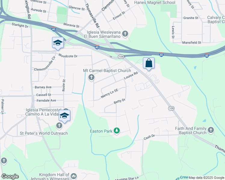 map of restaurants, bars, coffee shops, grocery stores, and more near 1023 Nancy Lane Southeast in Winston-Salem