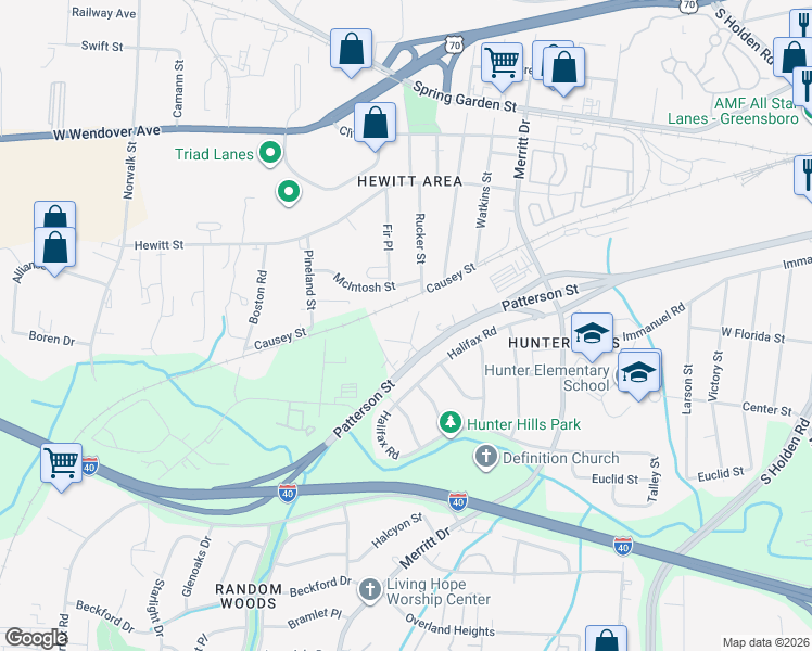 map of restaurants, bars, coffee shops, grocery stores, and more near 1108 Rucker Street in Greensboro