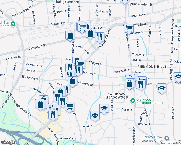 map of restaurants, bars, coffee shops, grocery stores, and more near 1516 Rainbow Drive in Greensboro