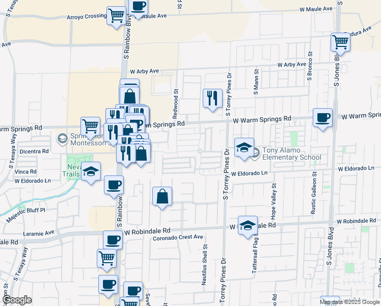 map of restaurants, bars, coffee shops, grocery stores, and more near 6645 West Churnet Valley Avenue in Las Vegas