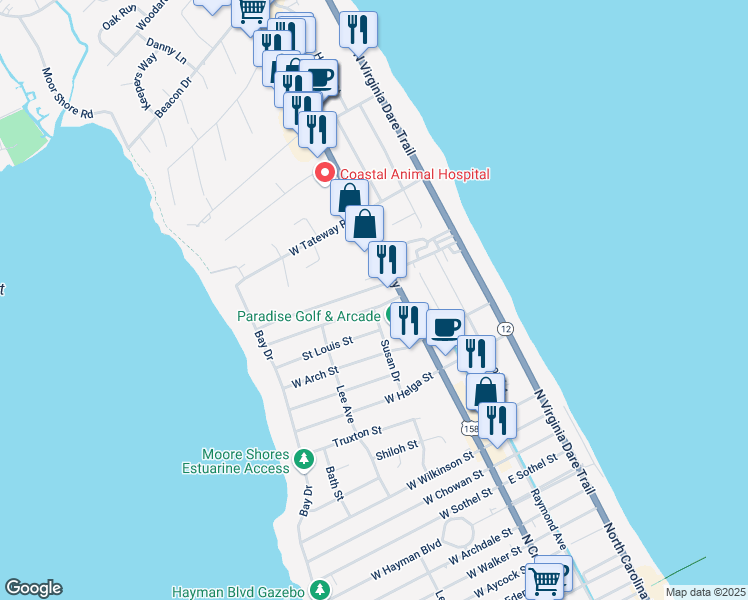 map of restaurants, bars, coffee shops, grocery stores, and more near 300 West Cameron Street in Kill Devil Hills
