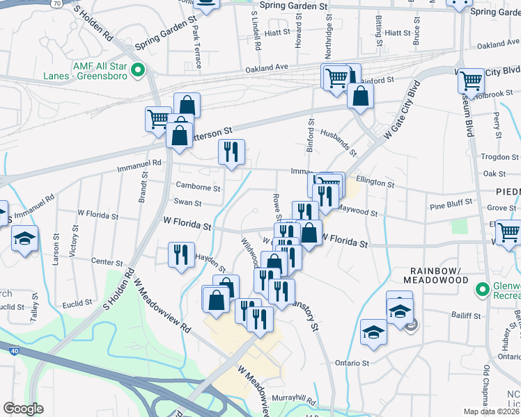 map of restaurants, bars, coffee shops, grocery stores, and more near 2601 Wildwood Drive in Greensboro
