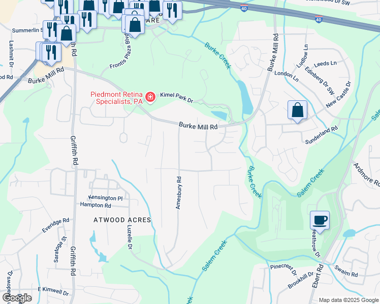 map of restaurants, bars, coffee shops, grocery stores, and more near 2921 Woodington Drive in Winston-Salem