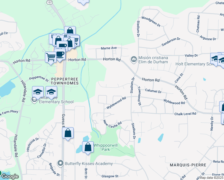 map of restaurants, bars, coffee shops, grocery stores, and more near 1411 Cherrycrest Drive in Durham