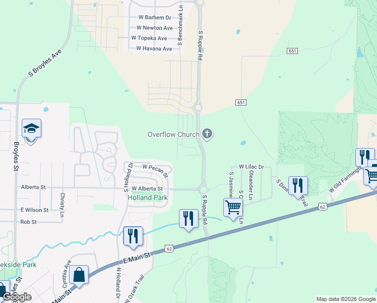 map of restaurants, bars, coffee shops, grocery stores, and more near 4338 West Cottage Street in Fayetteville