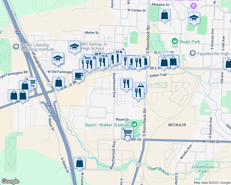 map of restaurants, bars, coffee shops, grocery stores, and more near 928 Beechwood Avenue in Fayetteville