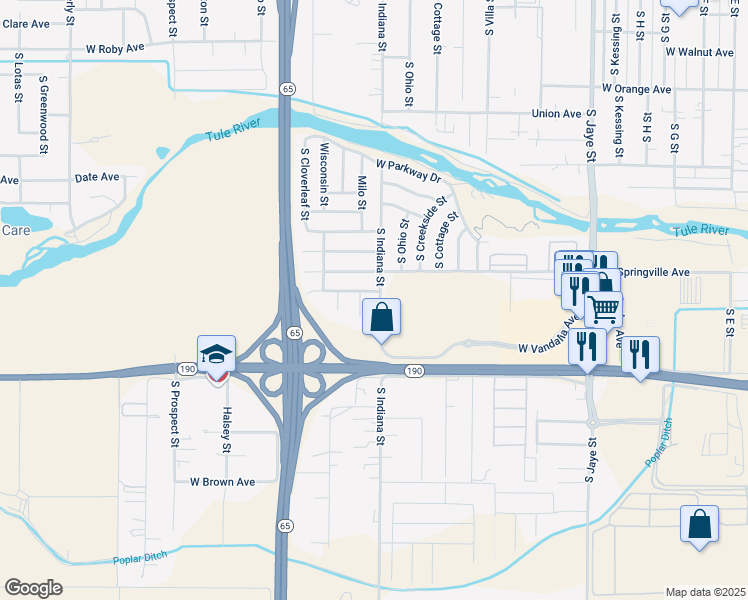 map of restaurants, bars, coffee shops, grocery stores, and more near 751 South Indiana Street in Porterville