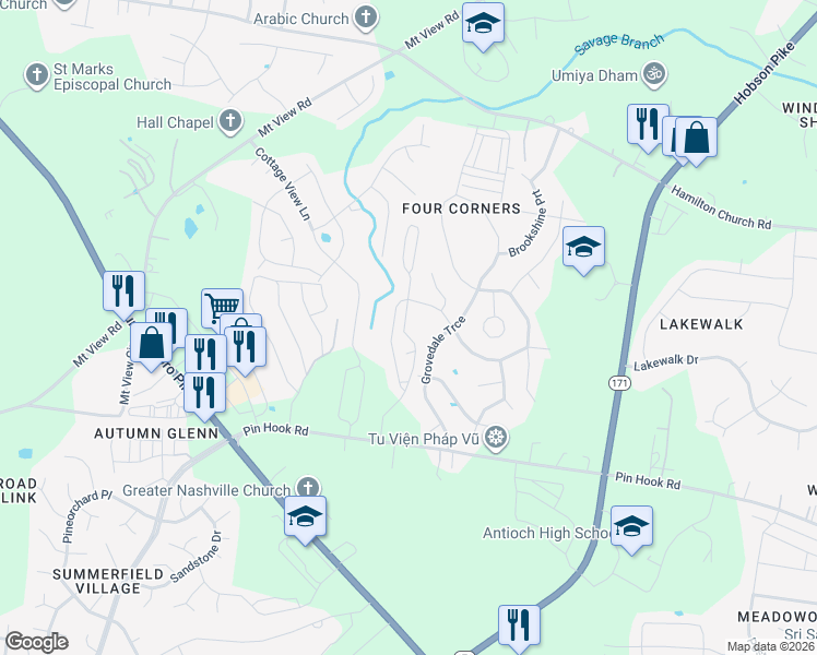 map of restaurants, bars, coffee shops, grocery stores, and more near 221 Grovedale Trace in Nashville