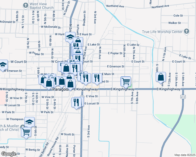 map of restaurants, bars, coffee shops, grocery stores, and more near 308 South 4th Avenue in Paragould