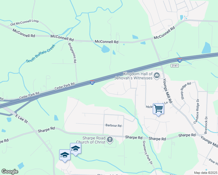 map of restaurants, bars, coffee shops, grocery stores, and more near 3604 Blue Spruce Court in Greensboro