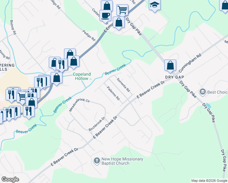 map of restaurants, bars, coffee shops, grocery stores, and more near 7242 Palermo Road in Knoxville