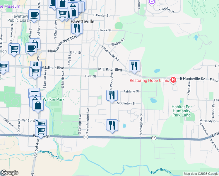 map of restaurants, bars, coffee shops, grocery stores, and more near 849 South Wood Avenue in Fayetteville