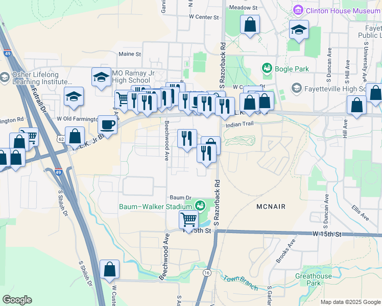 map of restaurants, bars, coffee shops, grocery stores, and more near 926 South Modus Way in Fayetteville