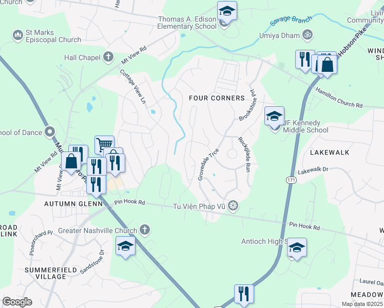 map of restaurants, bars, coffee shops, grocery stores, and more near 221 Grovedale Trace in Nashville