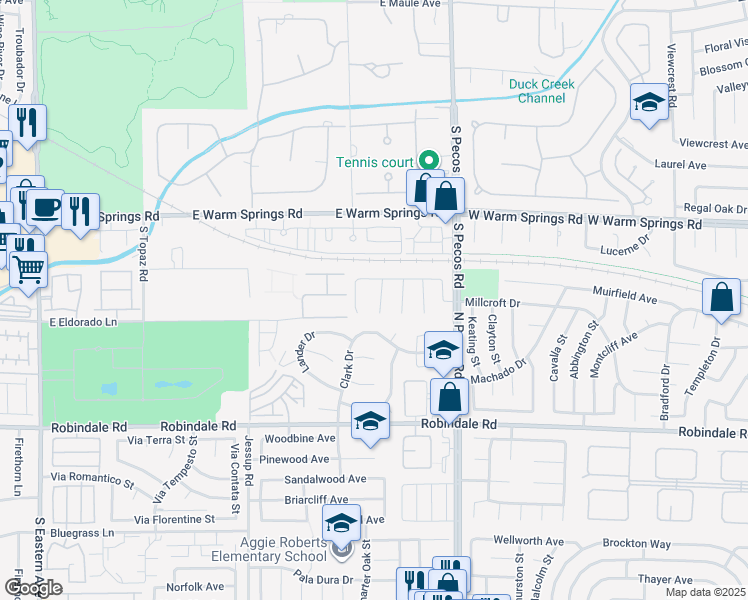 map of restaurants, bars, coffee shops, grocery stores, and more near 7469 Thornsby Court in Las Vegas