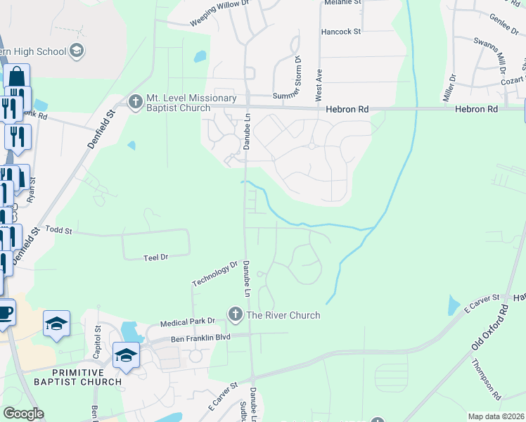map of restaurants, bars, coffee shops, grocery stores, and more near 601 Fanning Way in Durham