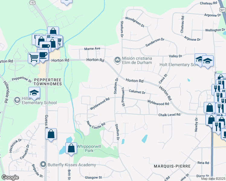 map of restaurants, bars, coffee shops, grocery stores, and more near 2510 Stadium Drive in Durham