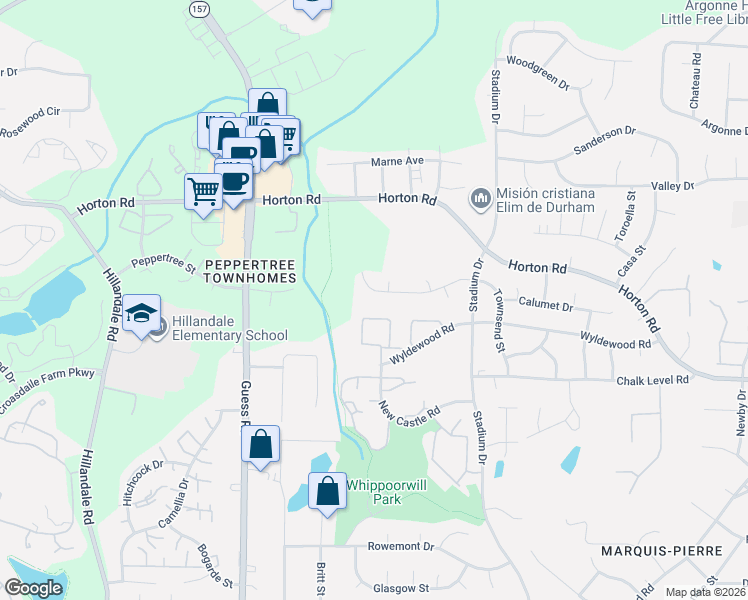 map of restaurants, bars, coffee shops, grocery stores, and more near 1429 Cherrycrest Drive in Durham