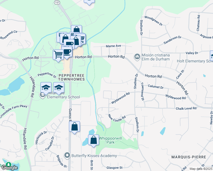 map of restaurants, bars, coffee shops, grocery stores, and more near 1429 Cherrycrest Drive in Durham