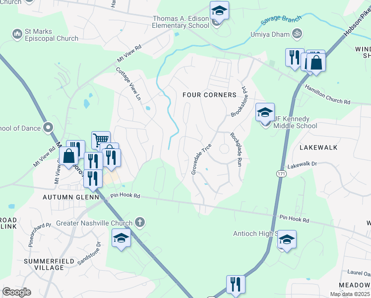 map of restaurants, bars, coffee shops, grocery stores, and more near 221 Grovedale Trace in Nashville