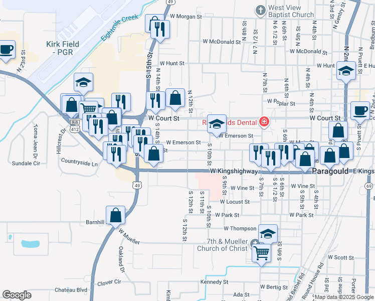 map of restaurants, bars, coffee shops, grocery stores, and more near 1201-1301 W Main St in Paragould