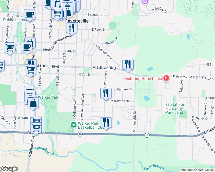 map of restaurants, bars, coffee shops, grocery stores, and more near 818 South Wood Avenue in Fayetteville