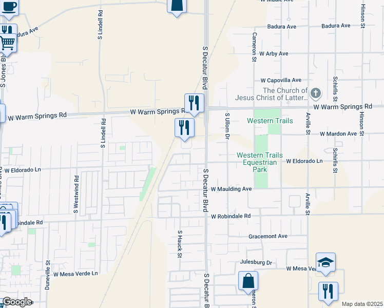 map of restaurants, bars, coffee shops, grocery stores, and more near 7466 South Desert Lupine Street in Las Vegas