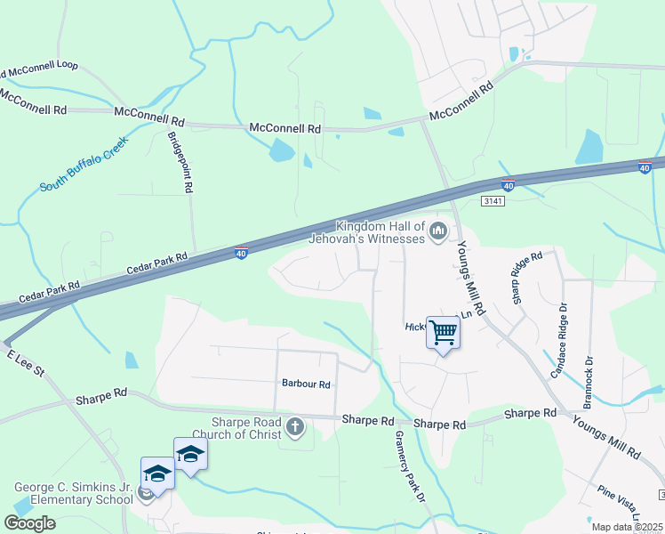 map of restaurants, bars, coffee shops, grocery stores, and more near 3907 Southeast Jack Pine Court in Greensboro