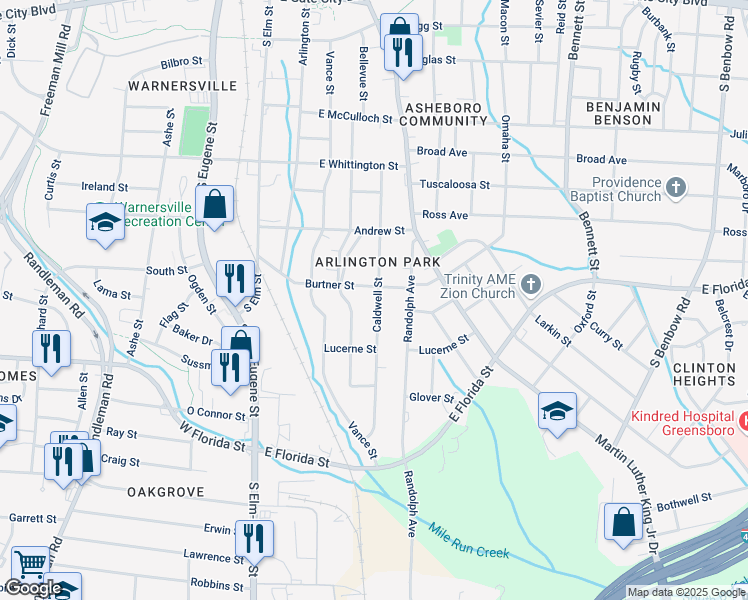 map of restaurants, bars, coffee shops, grocery stores, and more near 320 Harrington Street in Greensboro