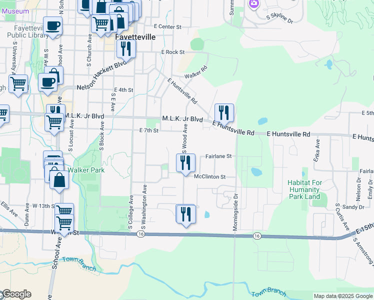 map of restaurants, bars, coffee shops, grocery stores, and more near 818 South Wood Avenue in Fayetteville