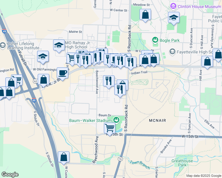 map of restaurants, bars, coffee shops, grocery stores, and more near 926 South Modus Way in Fayetteville