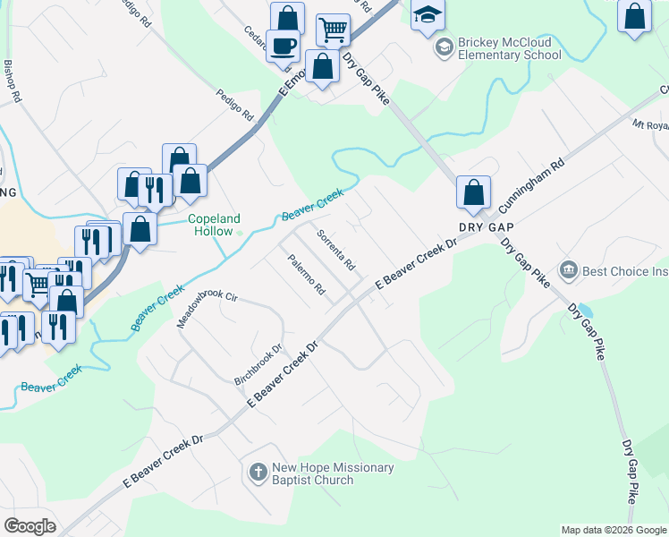 map of restaurants, bars, coffee shops, grocery stores, and more near 7222 Ghiradelli Road in Knoxville