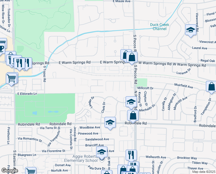 map of restaurants, bars, coffee shops, grocery stores, and more near 7469 Thornsby Court in Las Vegas