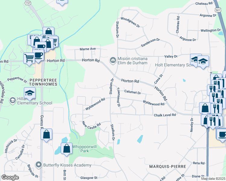 map of restaurants, bars, coffee shops, grocery stores, and more near 2510 Stadium Drive in Durham