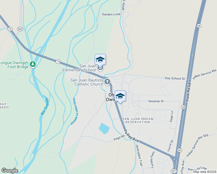 map of restaurants, bars, coffee shops, grocery stores, and more near 185 Po'Pay Avenue in Ohkay Owingeh