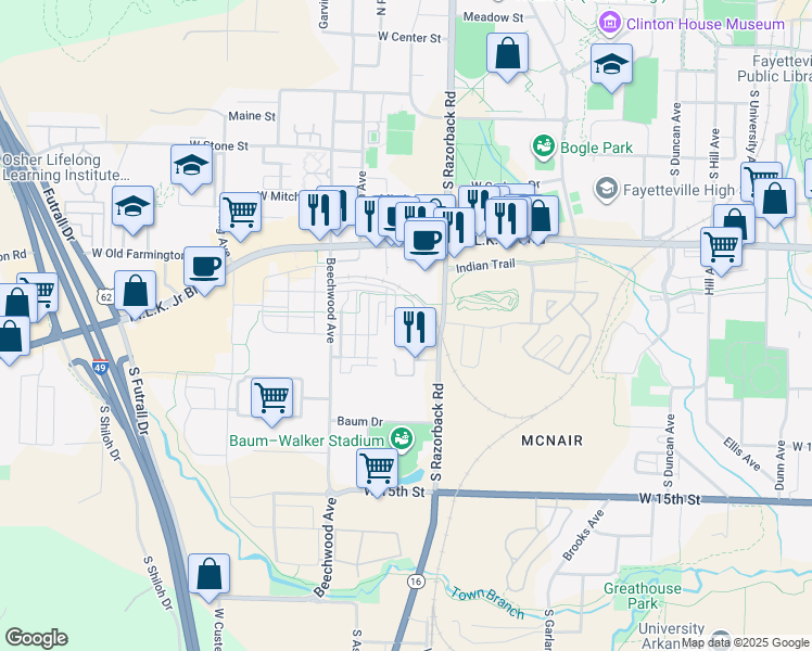 map of restaurants, bars, coffee shops, grocery stores, and more near 936 South Sports Fan Drive in Fayetteville