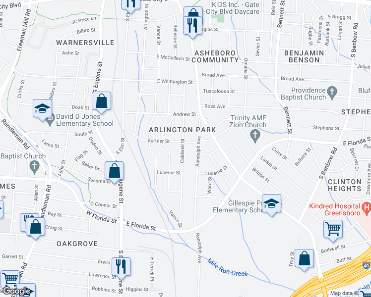 map of restaurants, bars, coffee shops, grocery stores, and more near 1207 Caldwell Street in Greensboro