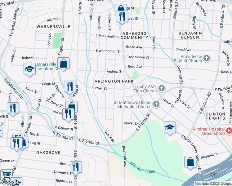 map of restaurants, bars, coffee shops, grocery stores, and more near 1207 Caldwell Street in Greensboro